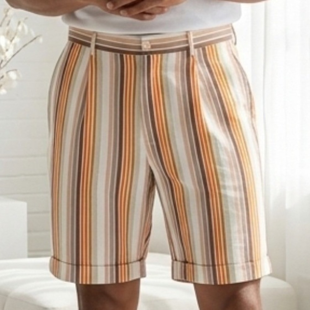 Trust Mens 38 Orange Brown Stripe Linen Rayon Cuffed Bermuda Shorts Retro Summer